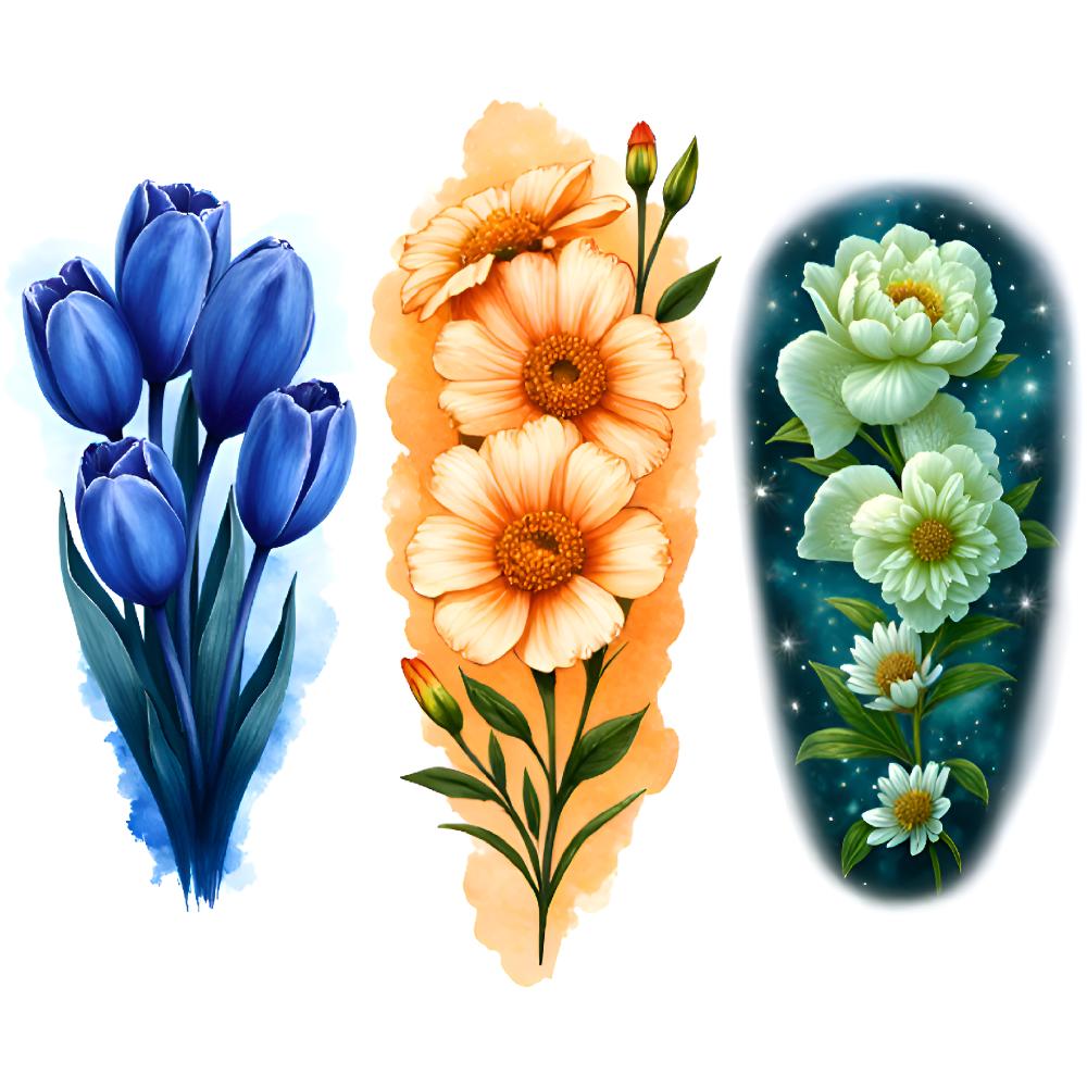 3pcs Temporary Tattoo Flower Tattoos Colorful Realism Floral Designs Realistic Temporary Tattoos For Shoulders Male Arms