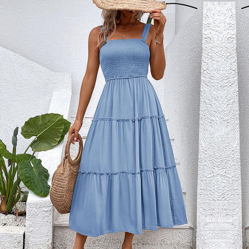 VEZFAA Kvinnemote Sommer Vår Ensfarget Print Ermeløse seler Høy midje Uformelle kjoler