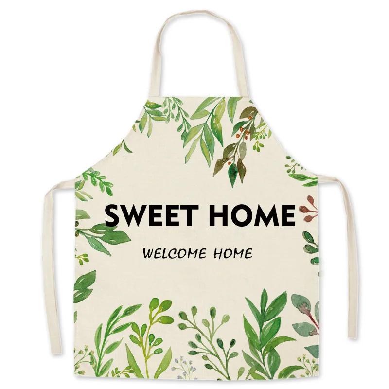 Pattern Kitchen Apron for Woman INS Leaves Sleeveless Cotton Linen Aprons Cooking Simplicity Home Cleaning Tools 65*75cm