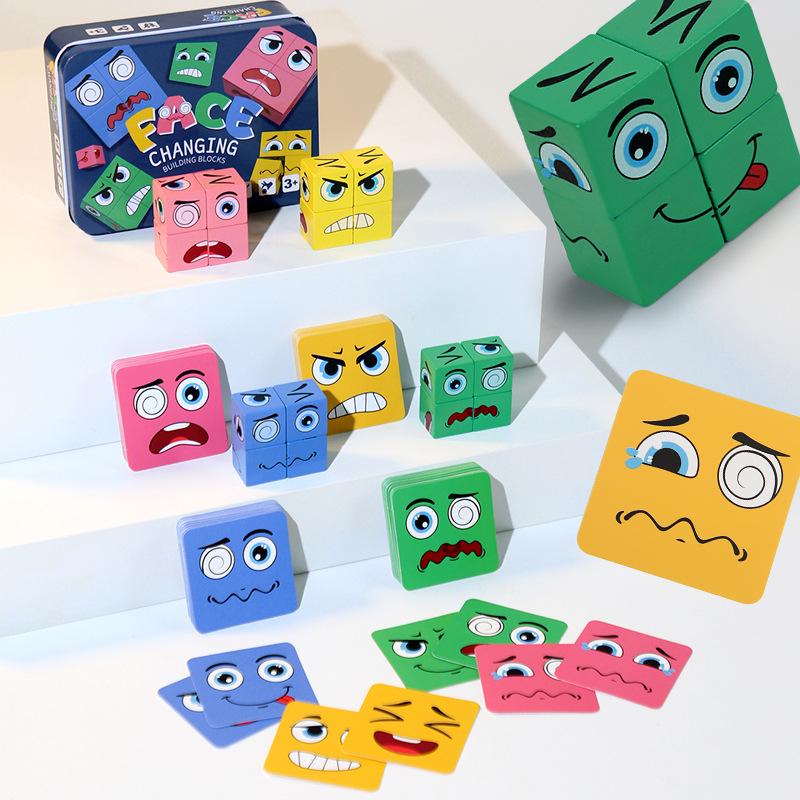 Cub Magic din Lemn Joc Puzzle cu Expresii - Ediție Cutie Metalică pentru Copii