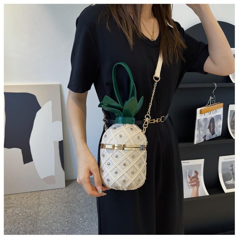 Nuova Borsa a Tracolla da Donna Personalizzata a Forma di Ananas Piccola Fresca per Ragazza Adolescente Singola Spalla Stile Straniero Intrecciata con Borchie e Catena Chiusura Borsa Rotonda
