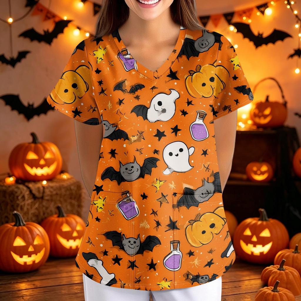 Womens Halloween Print Loose Fit V Neck Short Sleeve Medical Scrub Top Nurse Uniform with Pockets Lightweight Comfortable Workwear