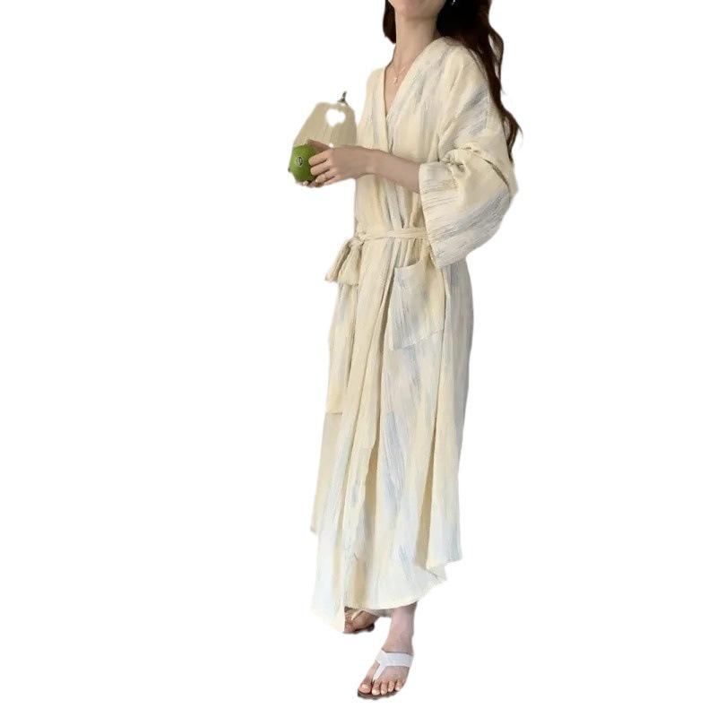 Cămașă de noapte în stil dulce coreean pentru femei: Pijama Kimono largi de primăvară/toamnă cu bretele, lungime medie/lungă, purtabilă în aer liber.