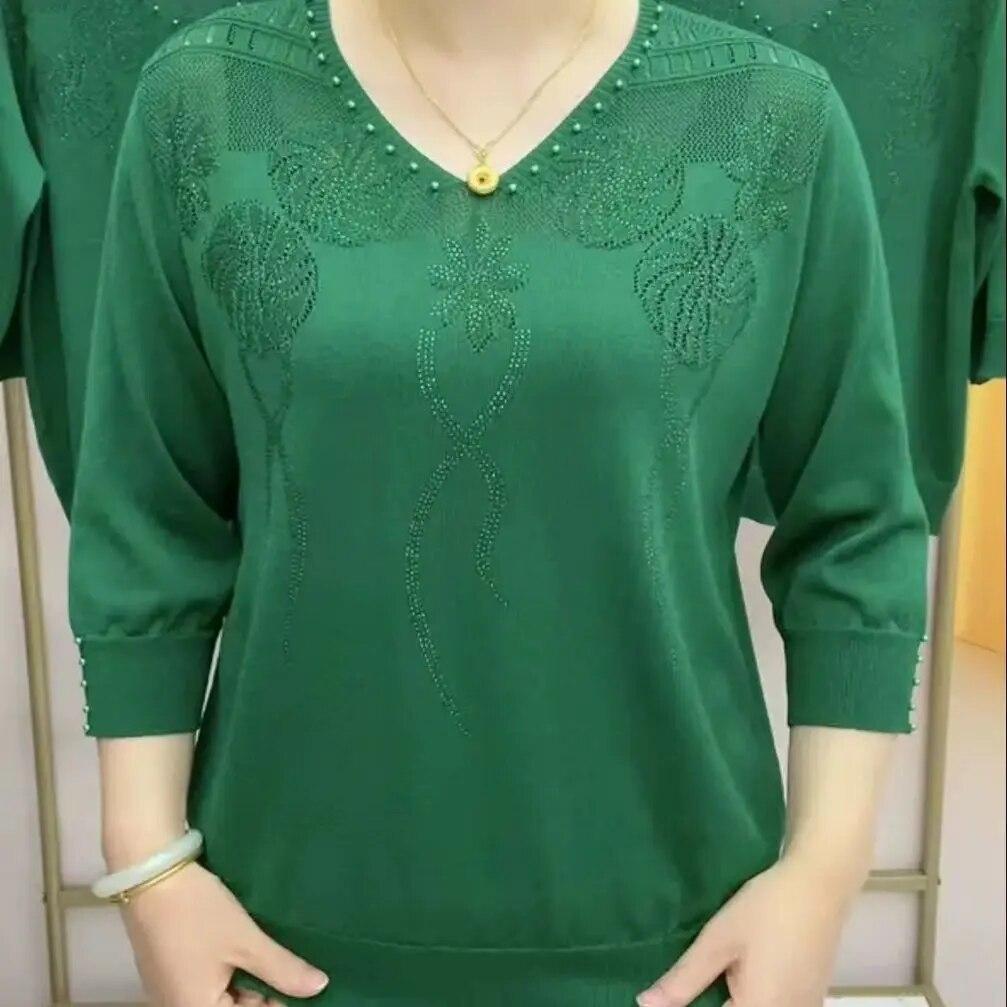 Korejské Vintage Dámské Oblečení Pletené tričko s 3/4 rukávem Jaro Léto Móda Výstřih do V Pevné diamanty Volné Neformální