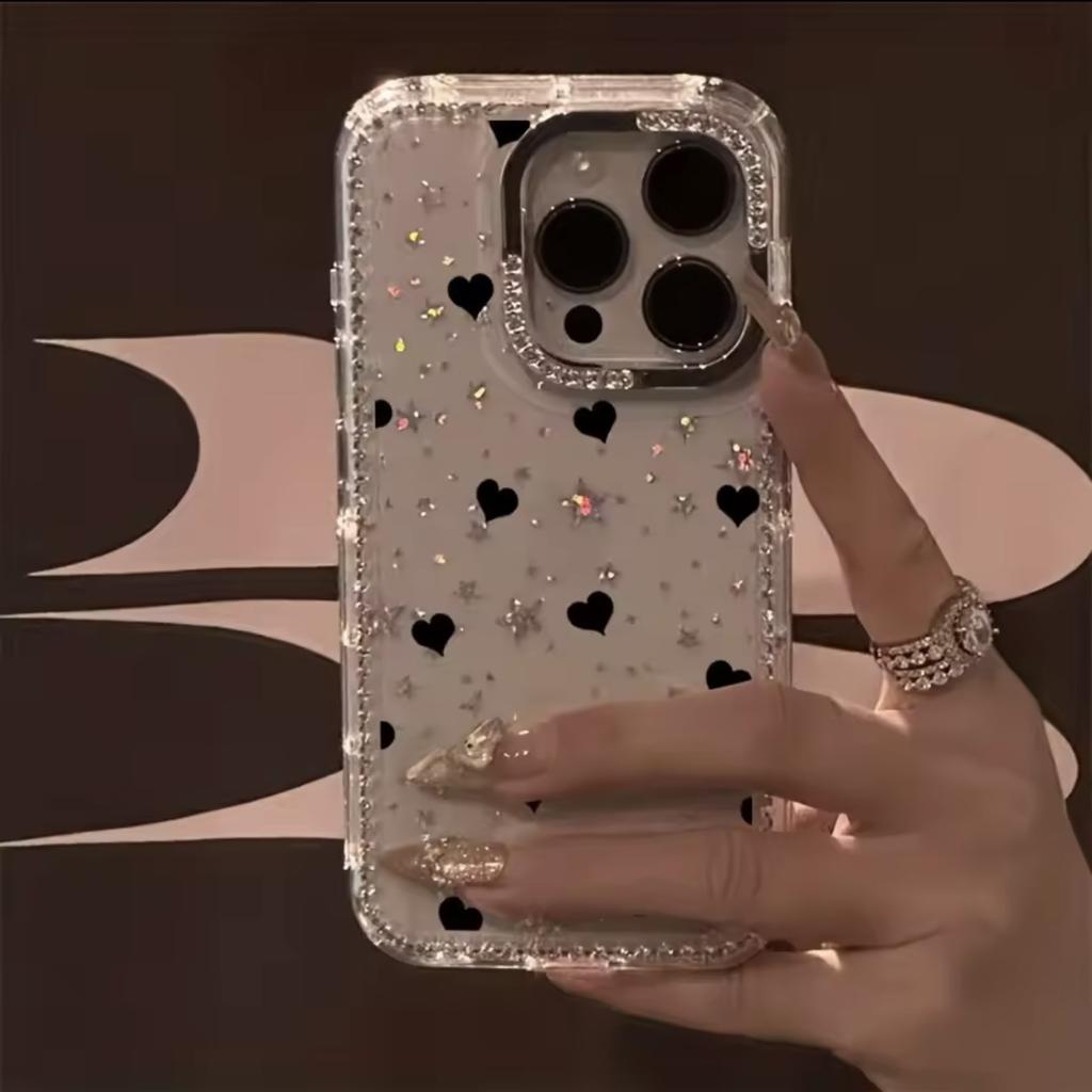 Love Black Love Applies To Apple iPhone16/17Pro Mobile Phone Case 15 Flash Diamonds 13 Advanced 14 Large Holes