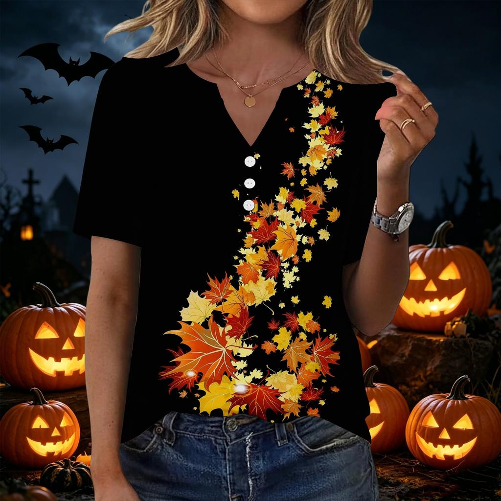 Women's Casual V-Neck Short Sleeve T-Shirt with Fall Leaf Print and Decorative Buttons