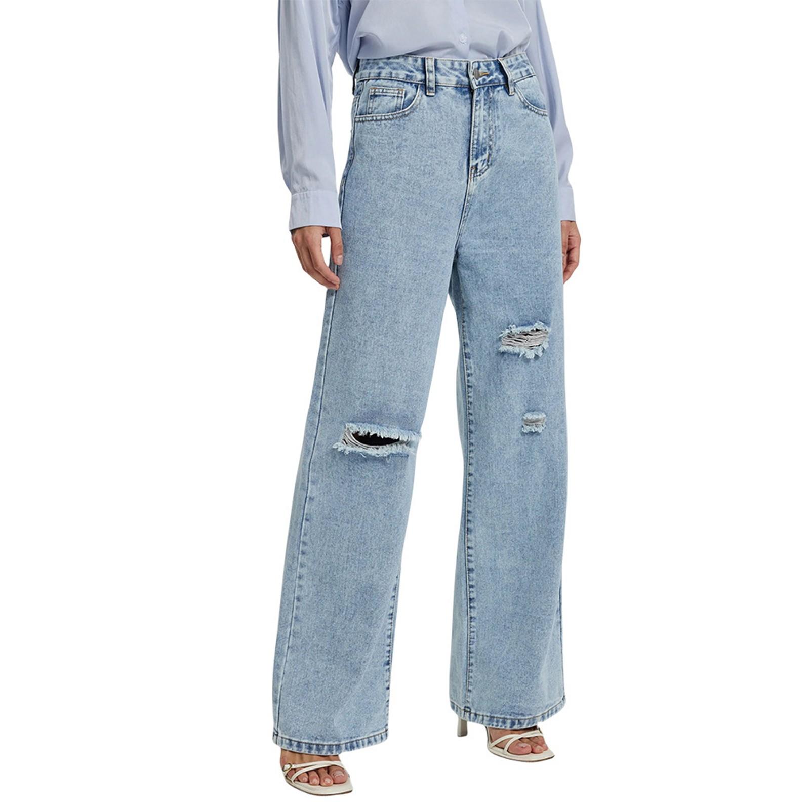 

Джинсовые женские свободные широкие брюки с высокой талией и рваными джинсами M светло-синий