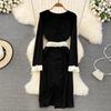 Spring Autumn Women Ruffles Patchwork Slim Bodycon Pencil Dress Fall Vintage Black Long Midi Party Dresses