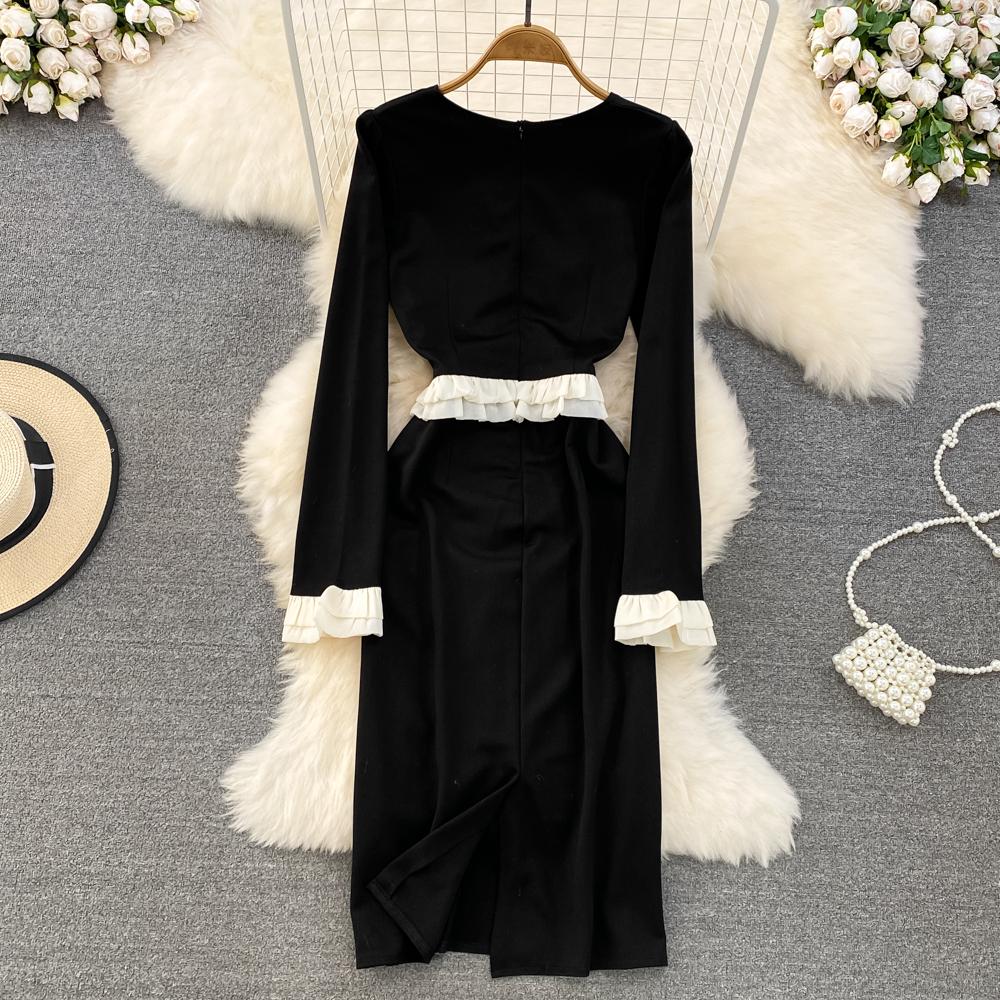 Spring Autumn Women Ruffles Patchwork Slim Bodycon Pencil Dress Fall Vintage Black Long Midi Party Dresses
