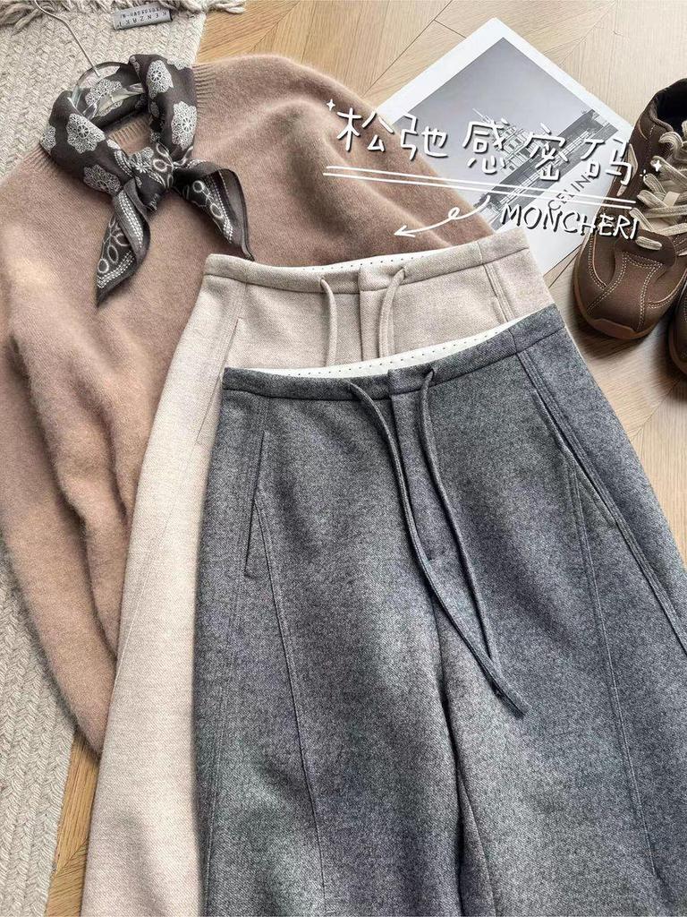 CHAO Level Recommendation: Women's Thickened Grey Wool Flannel Wide-Leg Slimming Banana-Shaped Winter Pants