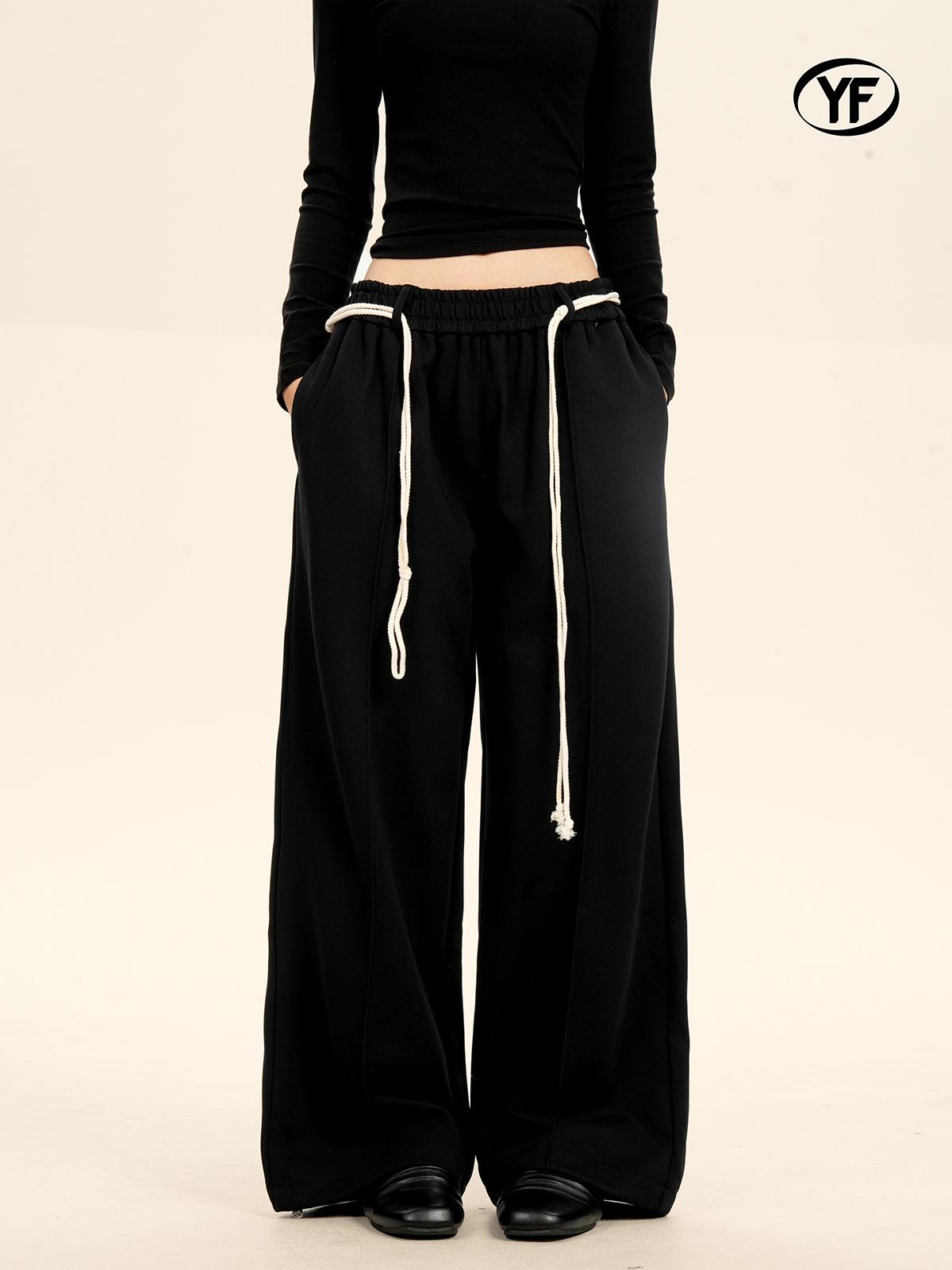 Yongfang Unisex Retro Drawstring Wide-Leg Sweatpants: Casual Solid Color, Loose Fit Medium