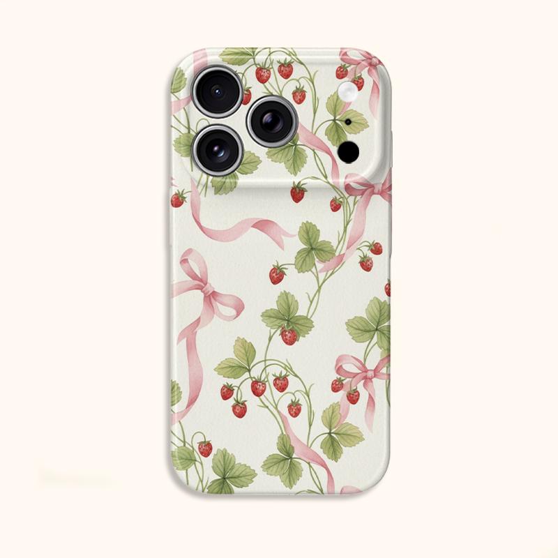 Soft Ribbon Strawberry Bow Floral Pattern Graphic Art Film Aesthetic Protective Shockproof Bumper Phone Case Cover For iPhone 14 15 16 Pro Max Plus