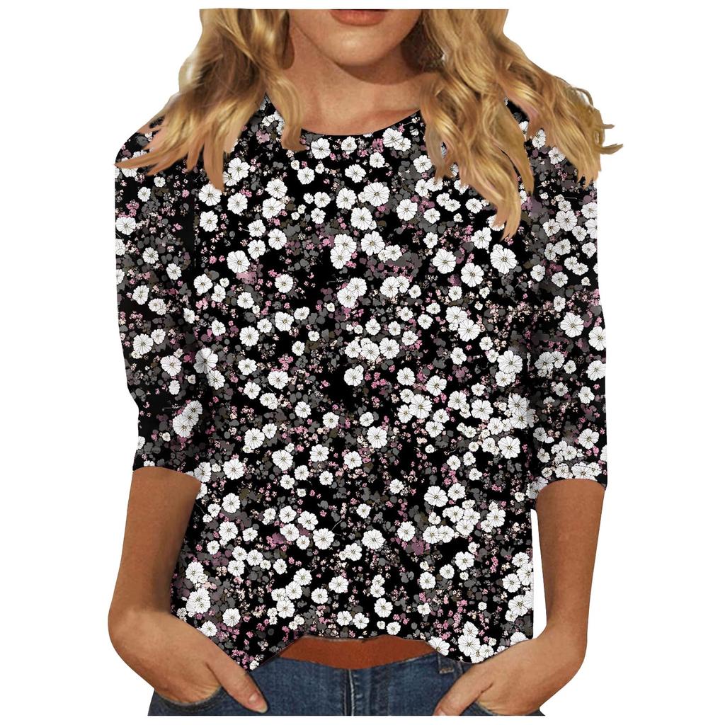 Women's Fashion Casual Three-quarter Sleeve Floral Print  Neck Top