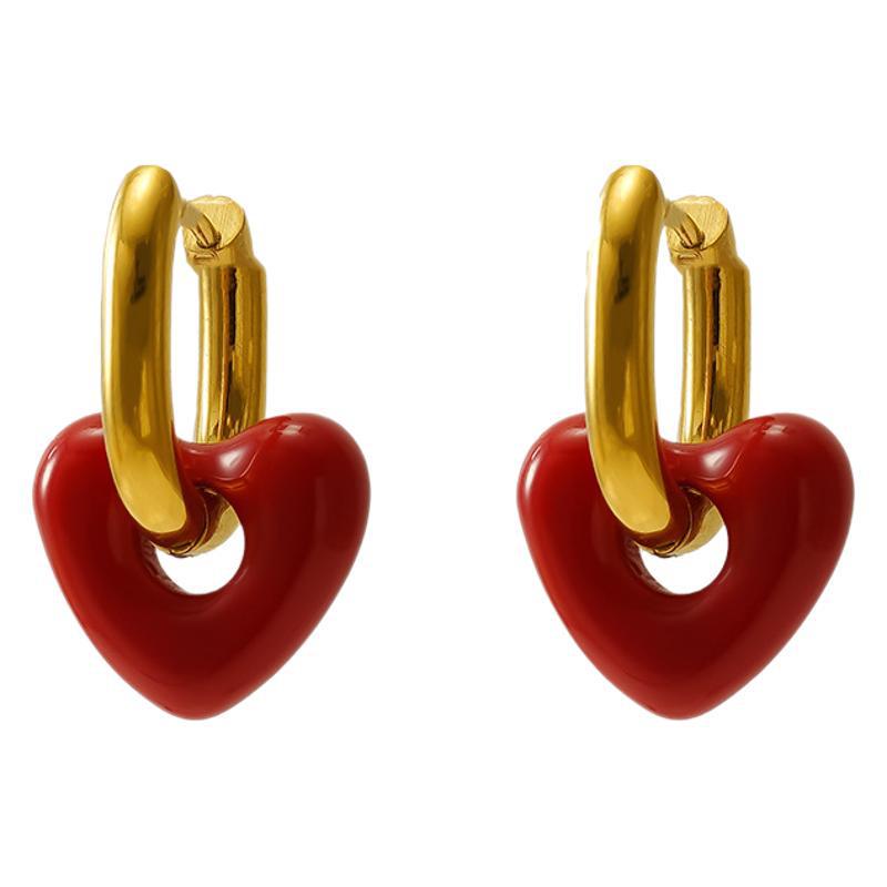 European & American Retro Heart Earrings - Women's Enamel Glaze U-shaped Detachable Design.