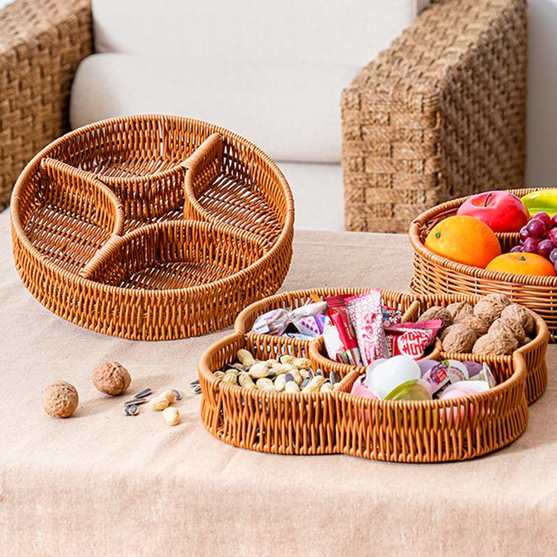 Woven Faux Rattan Snack Plate Storage Basket - Divided for Hot Pot Ingredients and Fruit in Living or Dining Room