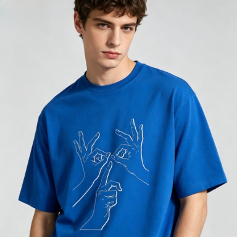 Unisex 100 Cotton Crew Neck T Shirt Minimal White Line Three Hands Gesture Sketch Loose Short Sleeve Street Casual Tops For Unisex