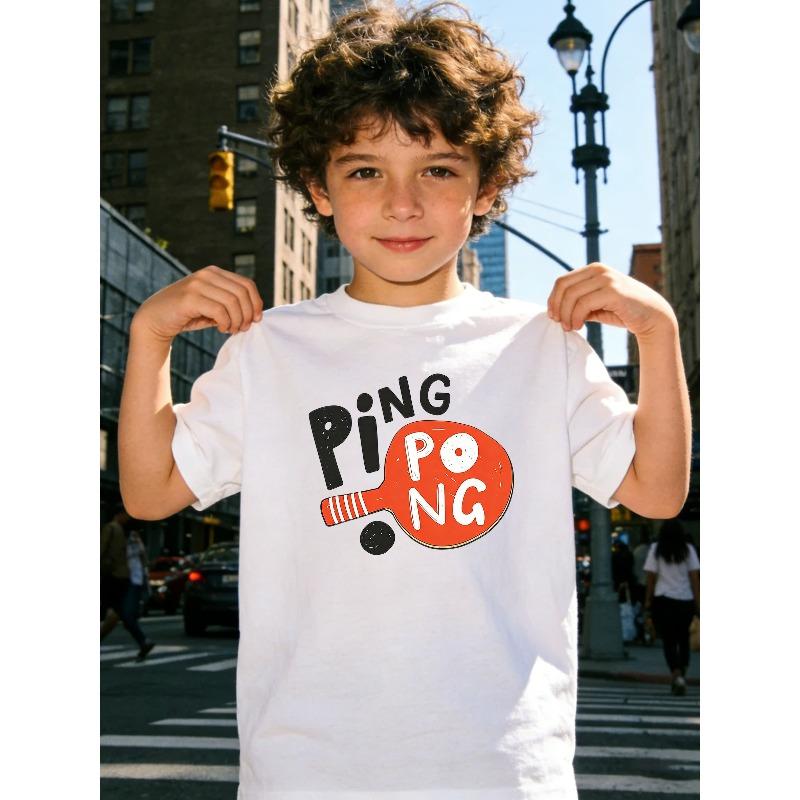 European sizes Kids  Cartoon PING PONG Racquet Print Quick-Dry T-Shirt, Breathable Short Sleeve Table Tennis Training Clothes for Ages 5-13 110 белый