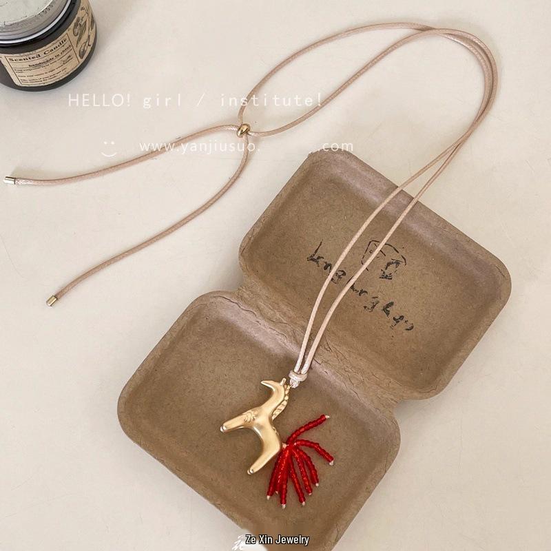 2025 Retro Red Drip Glaze Pony Pendant Necklace: Elegant Women's Long Sweater Chain Accessory
