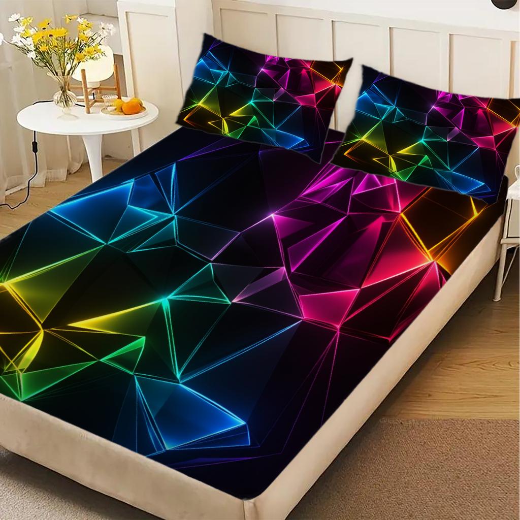 3pcs Geometric Pattern Flat Sheet 3D Printed Neon Colors Fitted Sheet Sets With Pillowcases No Filling Cool Visual For Teen Boys