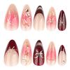 3D Butterfly Knot Wearable Red Blush Almond French Manicure Fake Nails