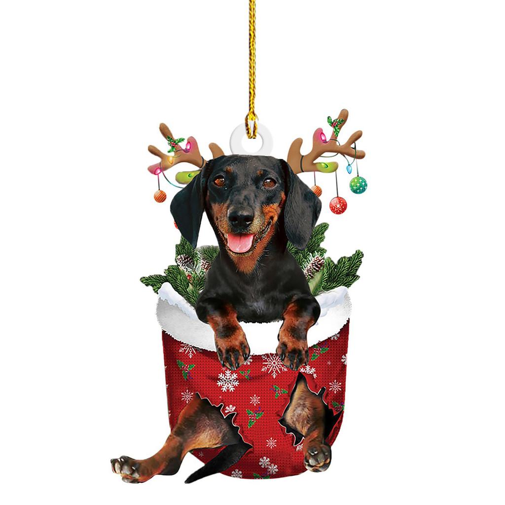 Festival Dachshund Hanging Charm Acrylic Christmas Tree and Car Interior Decoration Decorative Pendant for Indoor