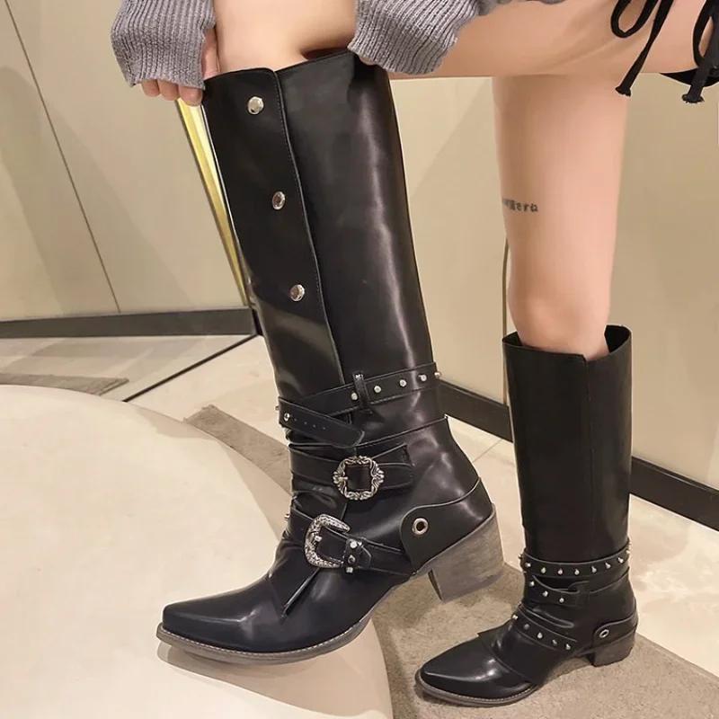 Fashion 2025 Spring and Autumn Long Boots New Pointed Spicy Girl Coarse Heel Fashion Boots Black Fashion Style Long Boots