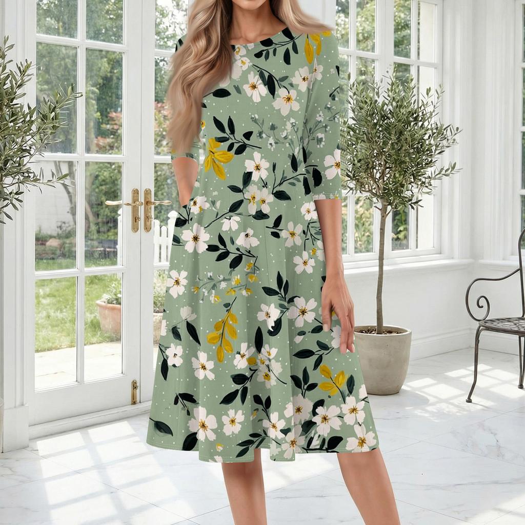Women's Casual Fashion Round Neck Three Quarter Sleeve Printed Midi Dress