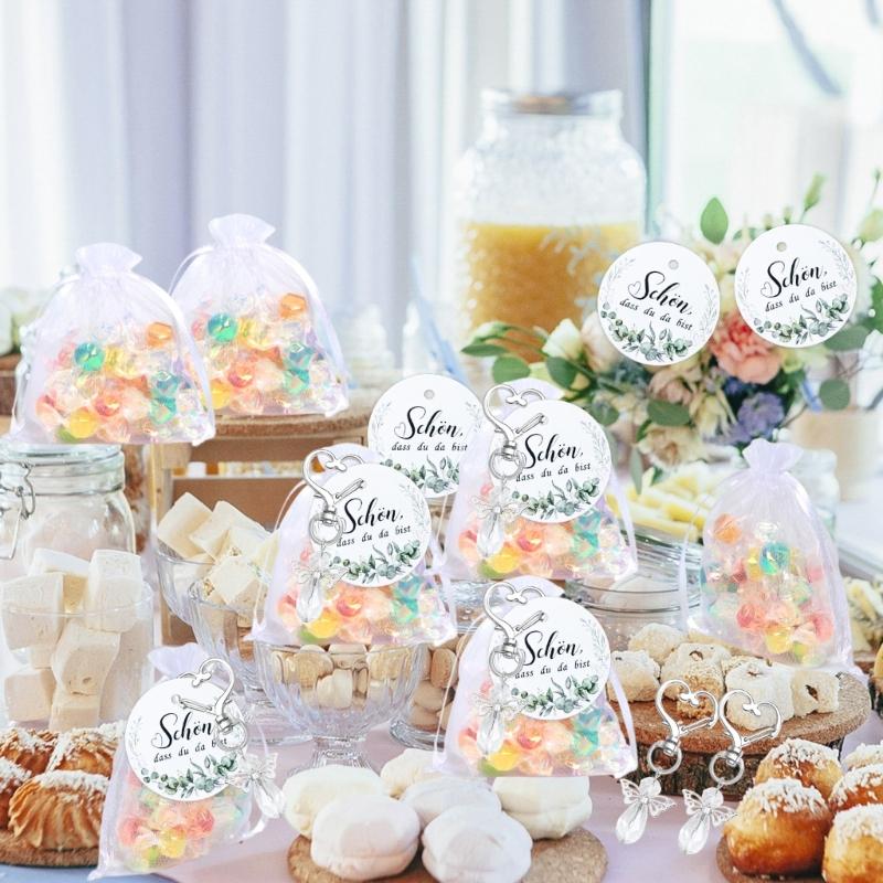 30Pcs Angel Wing Charm Keychain Decorative Key Holder with Drawstring Gauze Bag and Labels for Baby Showers Wedding