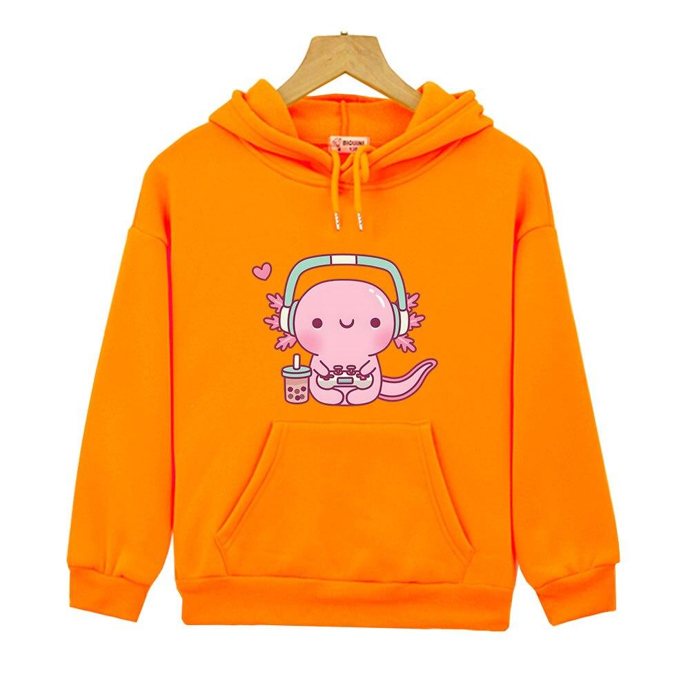 Cute Axolotl Playing Video Games Hoodie Cartoon Gamer Funny Print Sweatshirt Kids Clothes Boys Girl Clothing Y2k Winter Pullover