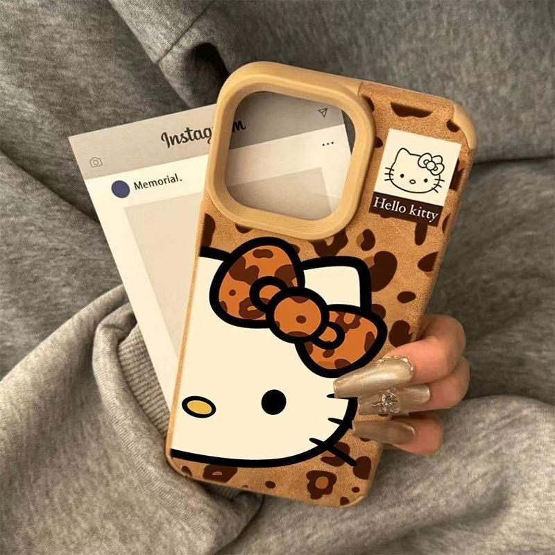 Leopard Print Hello Kitty Compatible with iPhone 16 Pro Max Apple 15 Pro Phone Case 14 New Model 13 Leather Texture 12/11