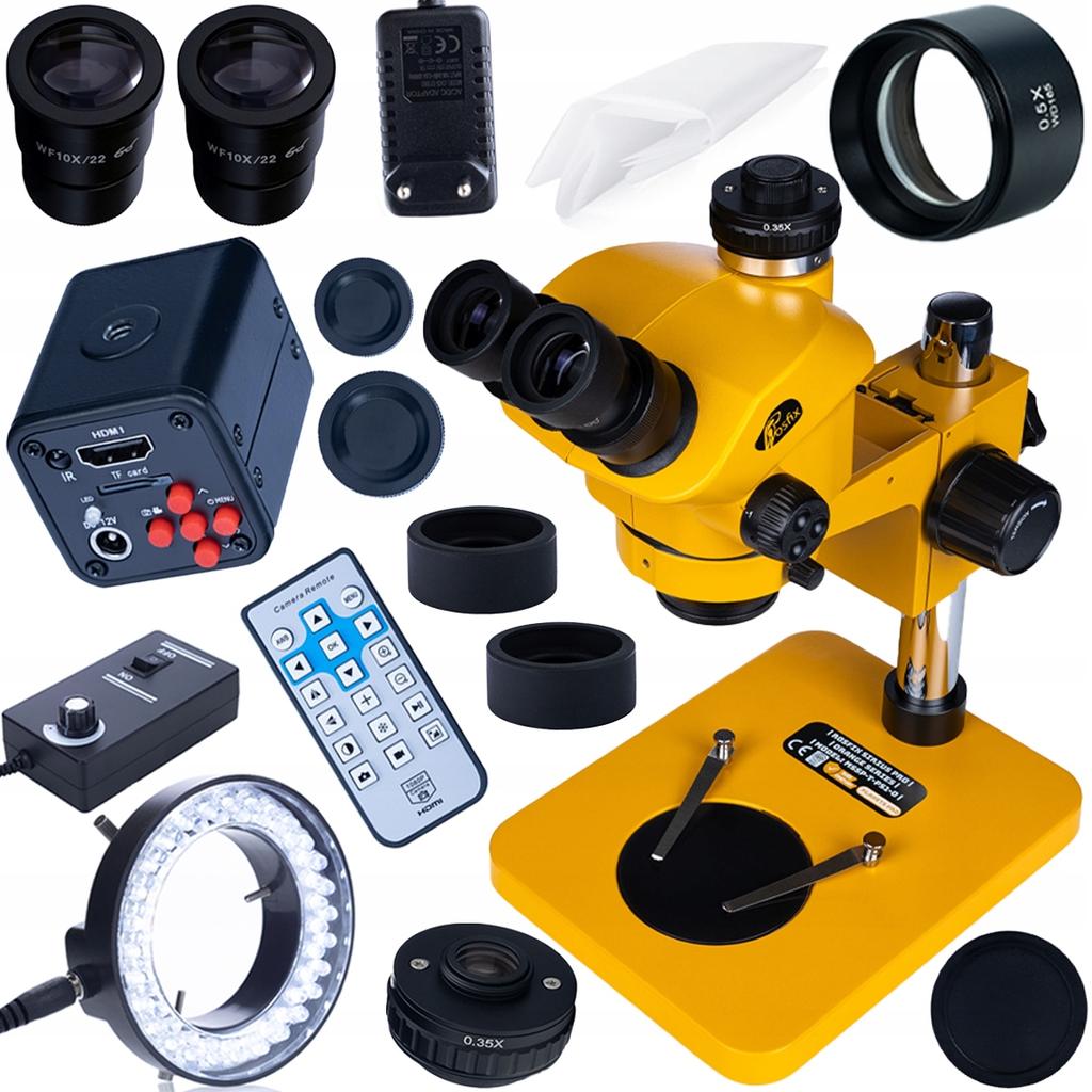 Rosfix Mikroskop Trinokularowy 7–50x Z Kamerą 16MP 4K HDMI – Wysoka Szczegółowość Obrazu | Oświetlacz LED 56x | Soczewka Barlow 0.5x