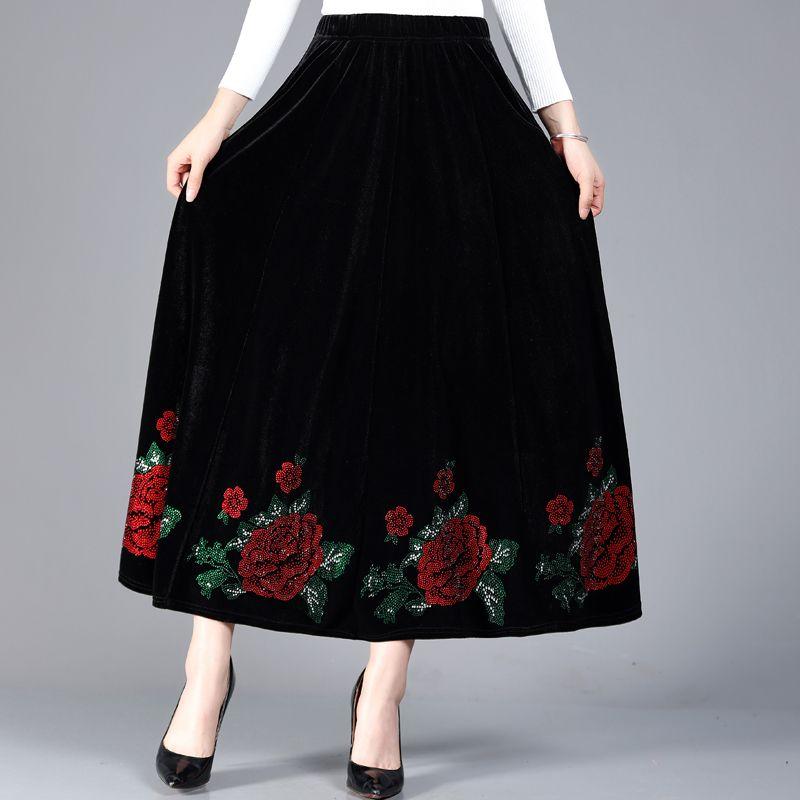 High-end Women's Velvet Skirt Spring Autumn Rhinestones High-waist Velvet Long Skirt Slim-fit Embroidered Plus-size Skirt