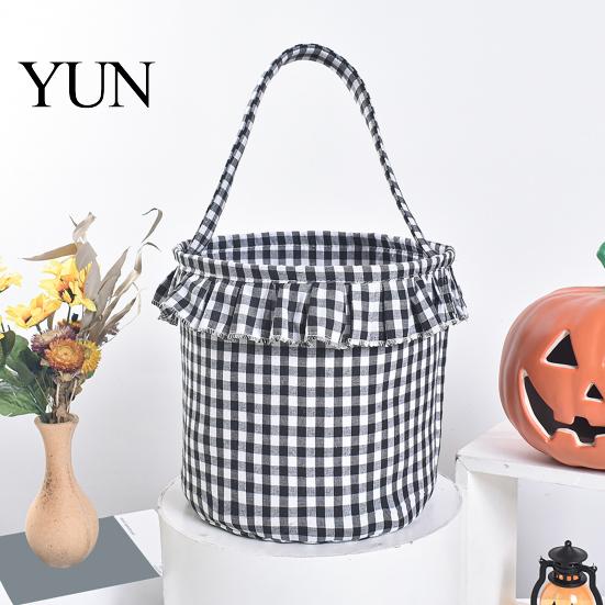 Easter Egg Hunt Carriers Halloween Basket, Plaid Ruffle Trick or Treat Candy Bucket with Handle Cloth Gift Bags for Birthdays Kids, Reusable