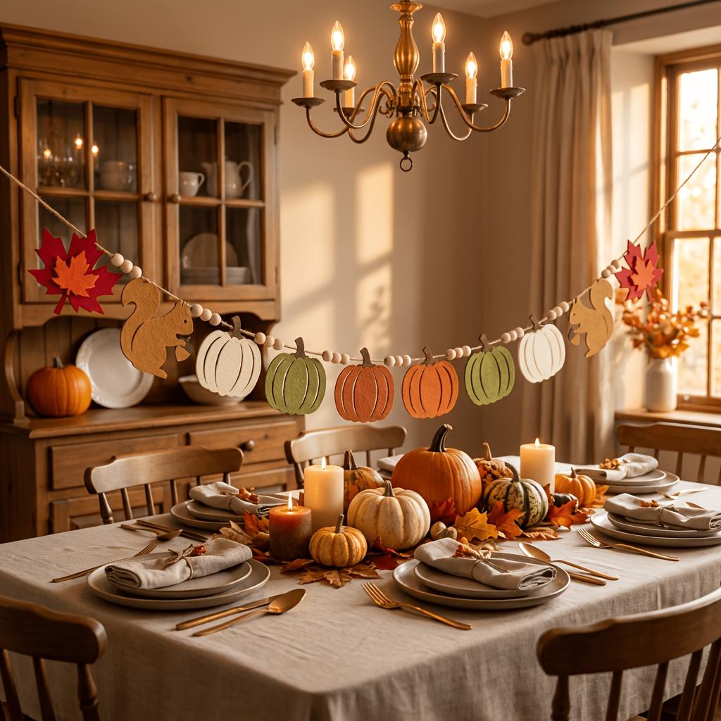 1Pc Autumn Harvest Country Style Party Banner, Pre-Assembled Squirrel Pumpkin Maple Leaf Flag String, Thanksgiving Indoor And Outdoor Rustic Style