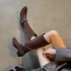Stiefel mit grobem Absatz im Western-Stil für Damen, Herbst 2025, neu, vielseitig, mit Gürtelschnalle, grober Absatz, runde Spitze, modische Stiefel