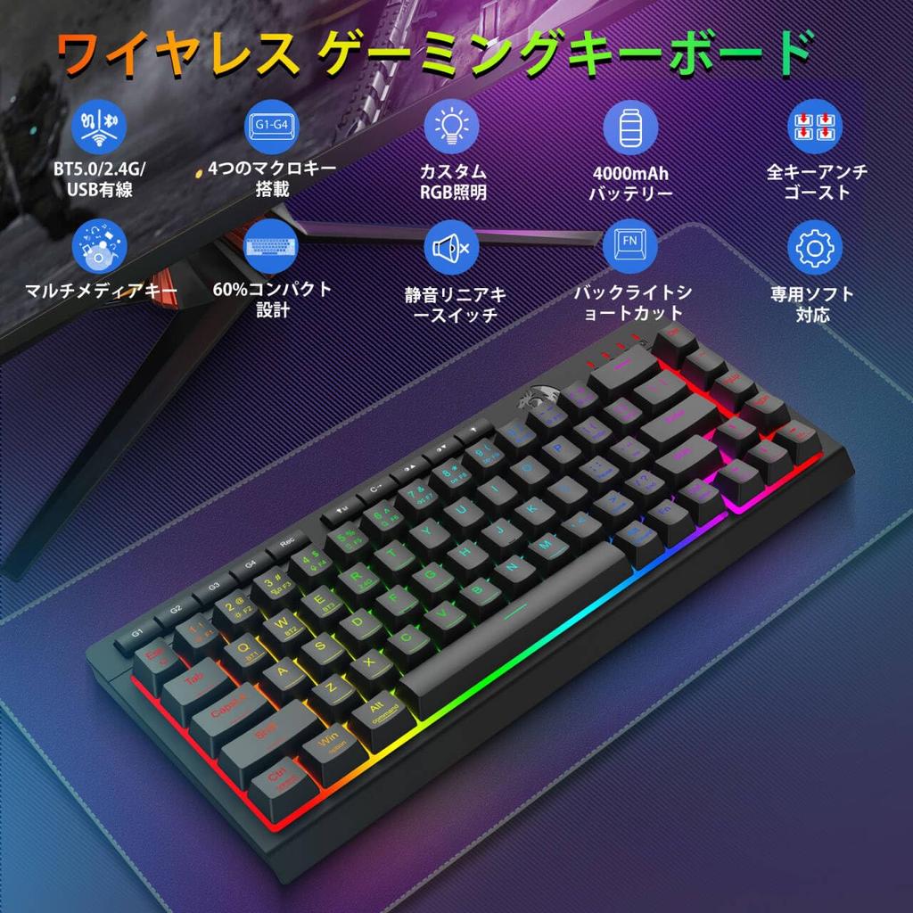 Redragon Wireless Keyboard and Mouse Set, 60% English Layout, Quiet, 3-Mode Connection, BT2.4GUSB-C Wired, Rechargeable, Membrane, 16.8 Million RGB