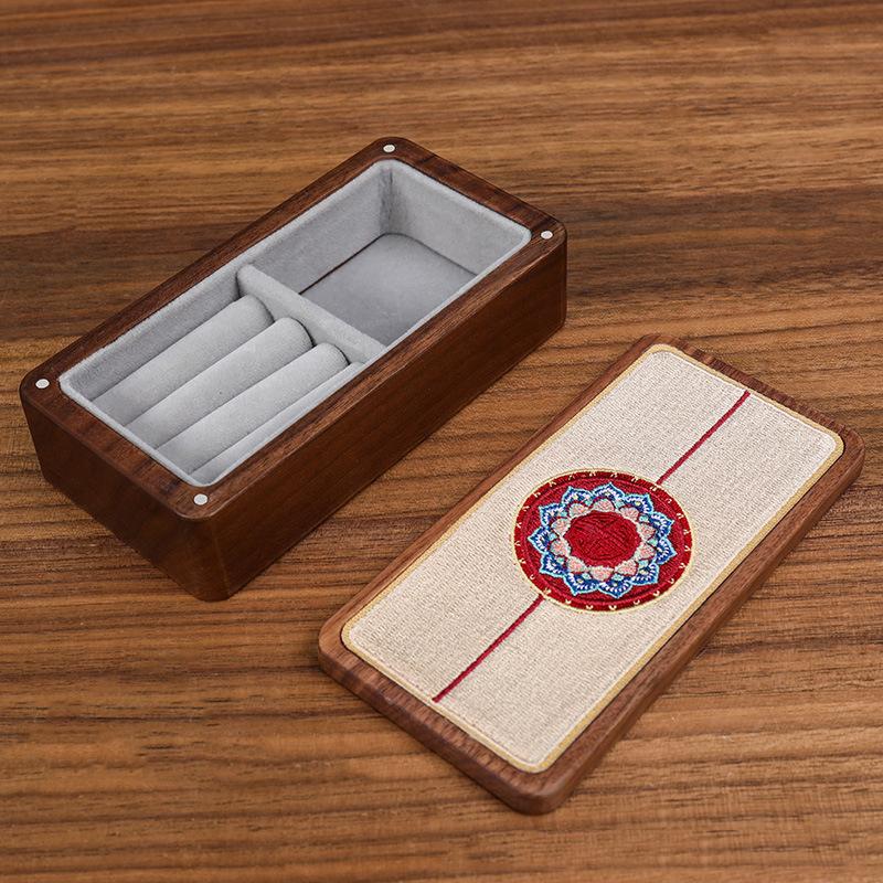 HeMu Magnetic Closure Embroidered Wooden Jewelry Box, Portable Mini Organizer for Rings, Earrings, Necklaces and Bracelets