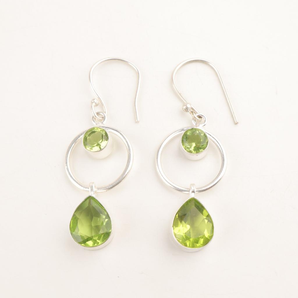 August Peridot Gemstone 925 Sterling Silver Sisters Day Dangling Hook Earrings EE-140-17