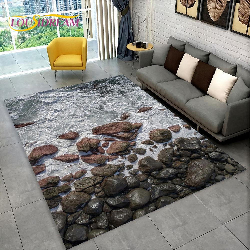 3D Stone Footprint Beach Pebbles Area Rug,Carpet Rug for Home Living Room Bedroom Sofa Doormat Kitchen Decor Non-slip Floor Mat