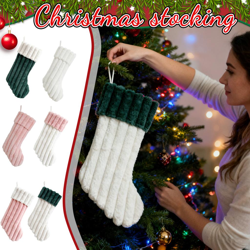 Plush Christmas Stocking Soft Faux Fur Vertical Channel Design Hanging Loop Holiday Decoration for Home Fireplace Mantel