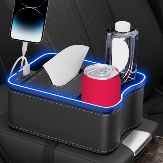 Scatola portaoggetti per bracciolo auto con porte di ricarica, luci LED multi-modalità, design ad alta capacità, organizer per console auto, custodia porta fazzoletti