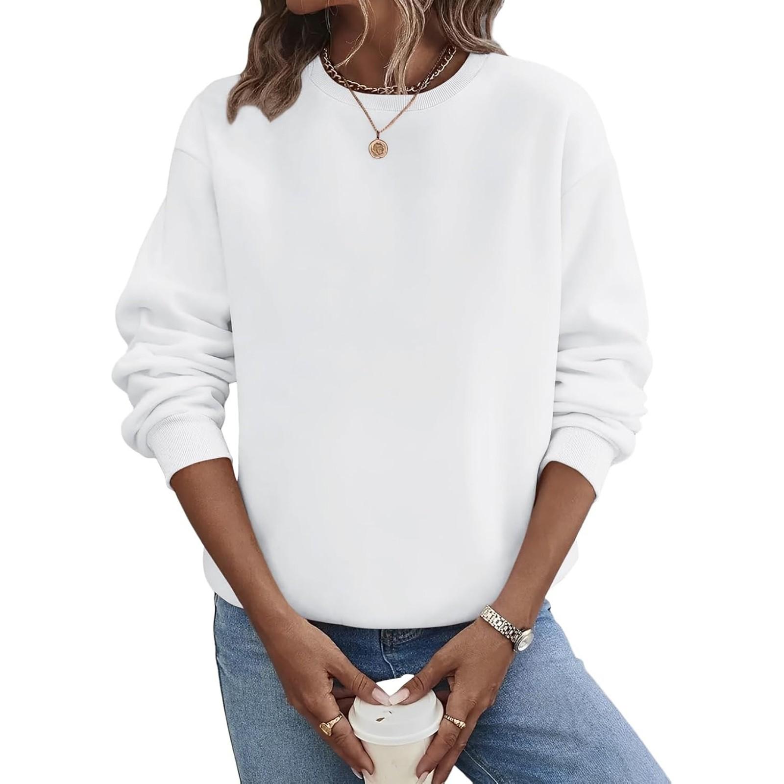 Женский свободный пуловер с длинными рукавами круглым вырезом худи большого размера однотонного цвета XL белый 1290₽