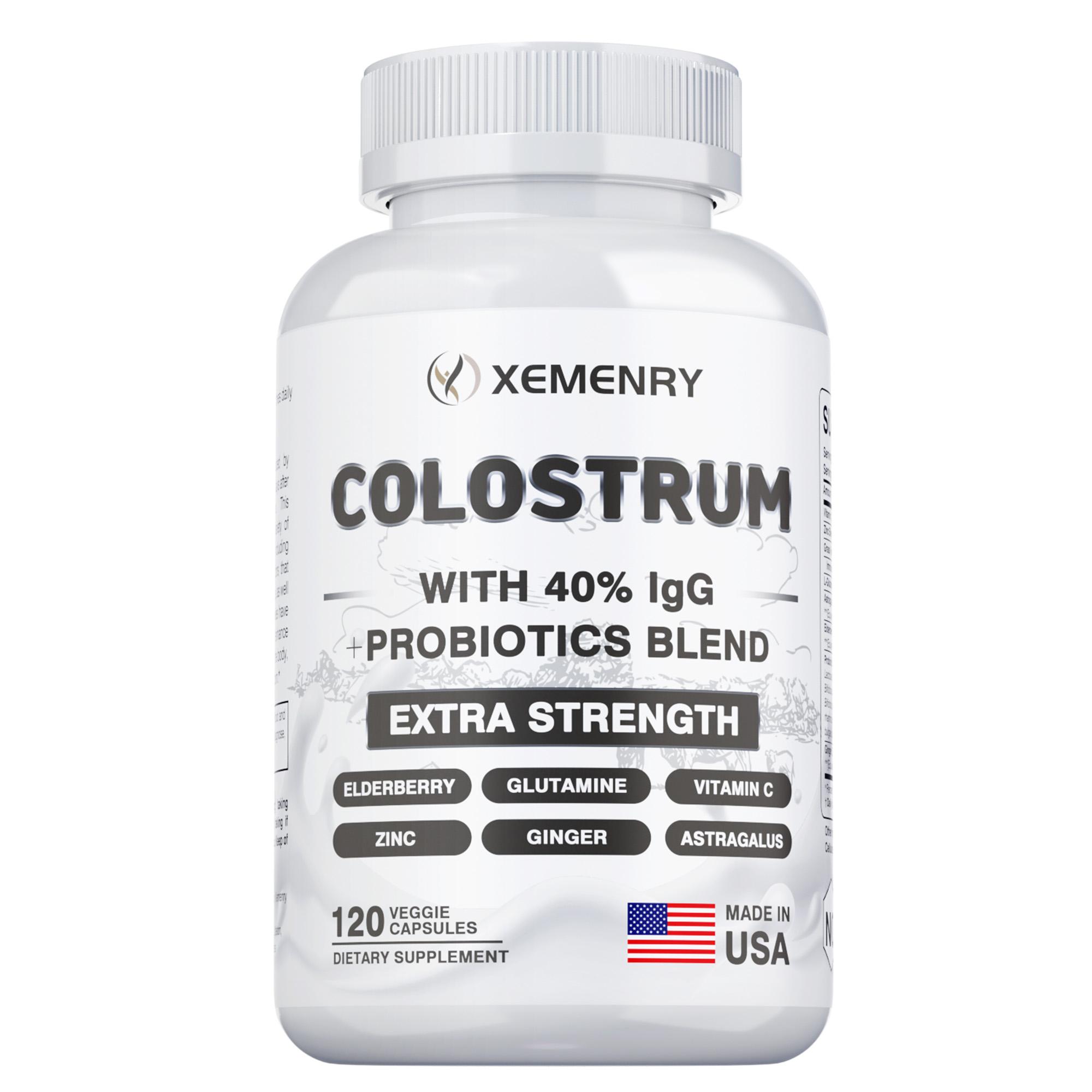 

Bovine colostrum supplement capsules, containing probiotics, elderberry, astragalus, vitamin C, and a ginger blend, suitable for adults. 120*1