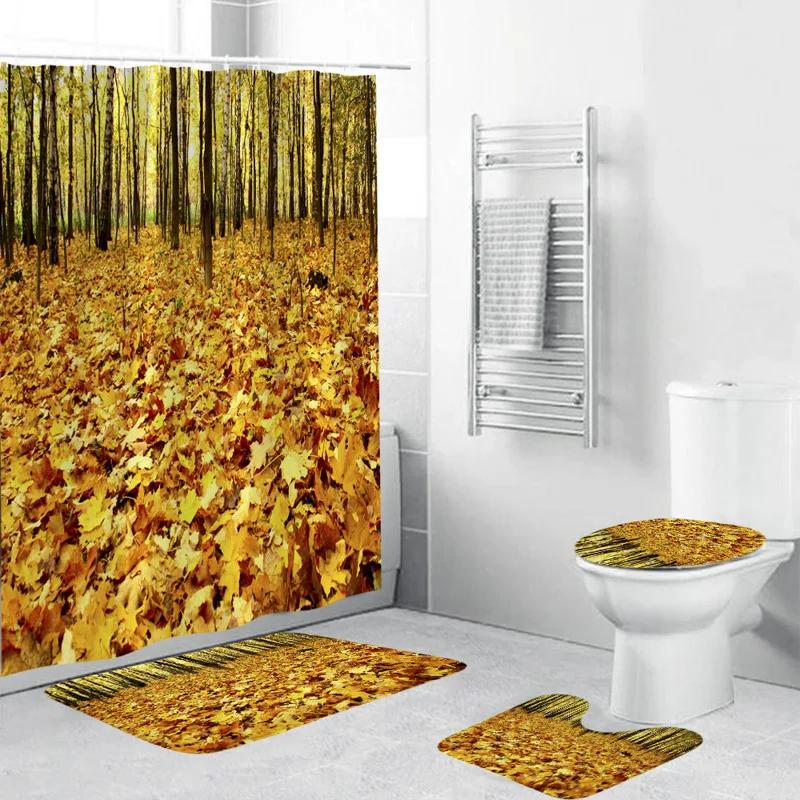 Forest Leaves Trail Waterproof Bathing Shower Curtain Set With 12 Hooks Toilet Covers Bath Mat For Bathroom Non-Slip Rug Carpet
