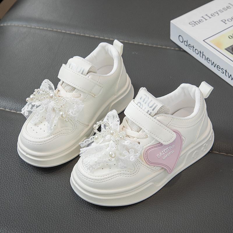 Girls' Sneakers Spring and Autumn New Children's White Shoes Leather Panel Shoes Flat Breathable Running Shoes Trendy