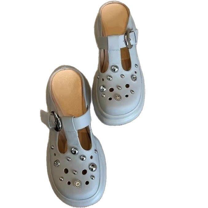 2025 new thick-soled bag head half slippers women's outer wear rivets hollow hole shoes lazy one pedal muller slippers