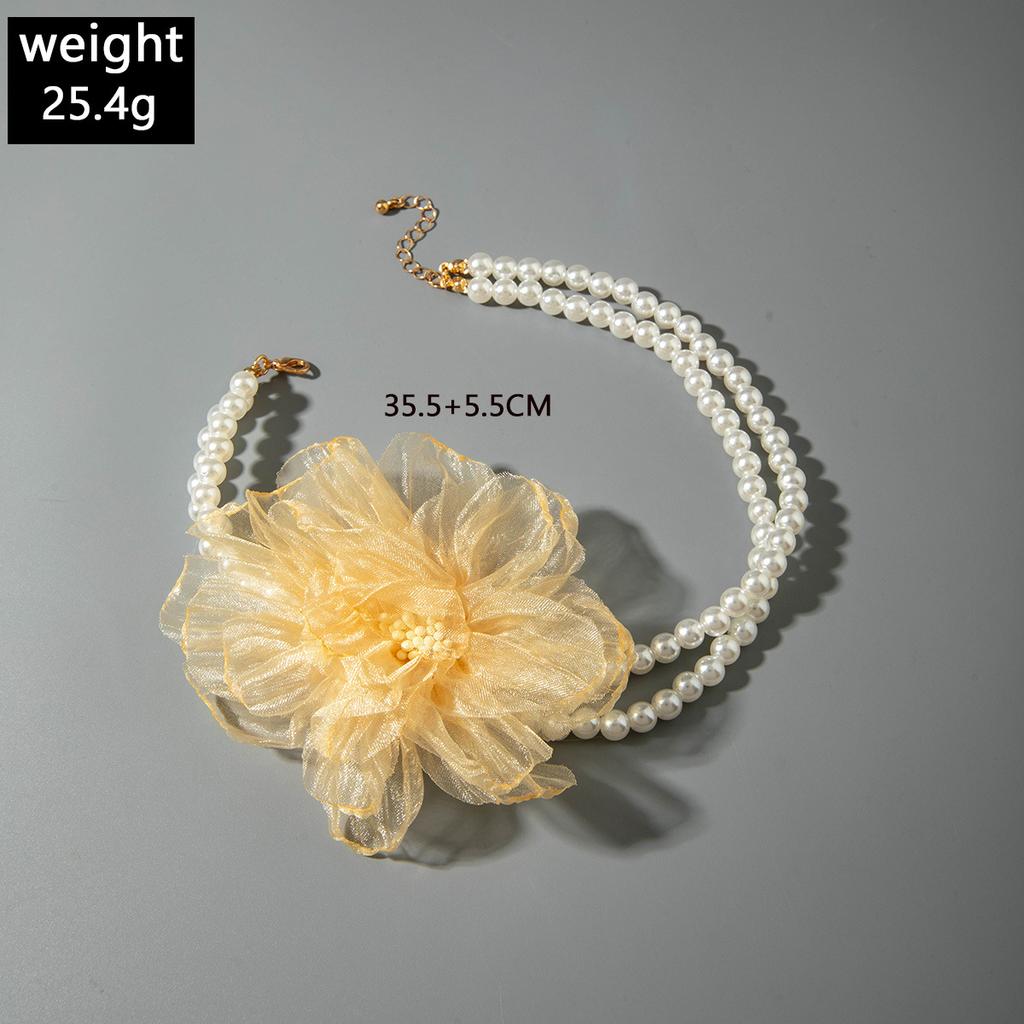 Accessories, French Elegant Pearl Necklace, Sweet Fabric Mesh Flower Collarbone Chain Necklace