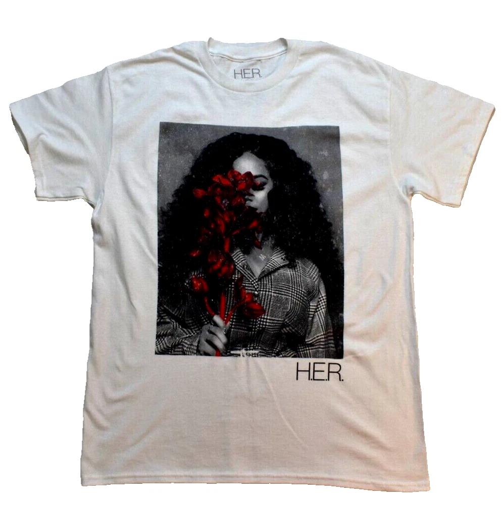 

H.E.R. Mens HER R&B Music Artist Holding Flowers Graphic White Shirt New Medium 4XL