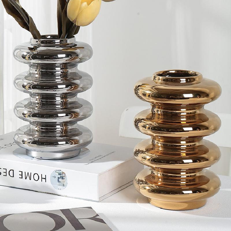 Gold-plated Silver Ceramic Vase Light Luxury Style Circle Vase Ornaments Hydroponic Flower Arrangement Accessories Ceramic Vase