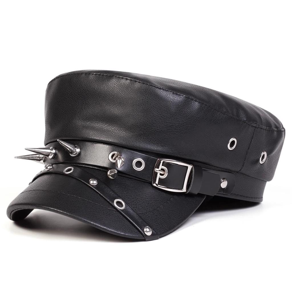 Cappello in Pelle Unisex con Fibbia a Borchie Cappelli da Marinaio Primavera Autunno Berretto Nero Cappello Piatto da Capitano Berretti Militari da Uomo